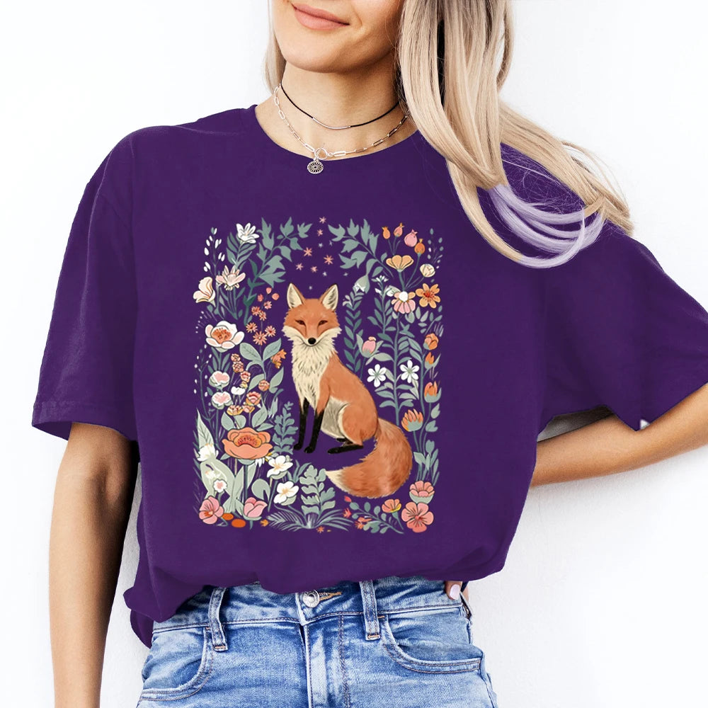 Woodland Lover Gift for Her Cute Flower Fox Shirt Vintage Floral Cottagecore Unisex Tee Funny Apparel Trendy Casual Streetwear