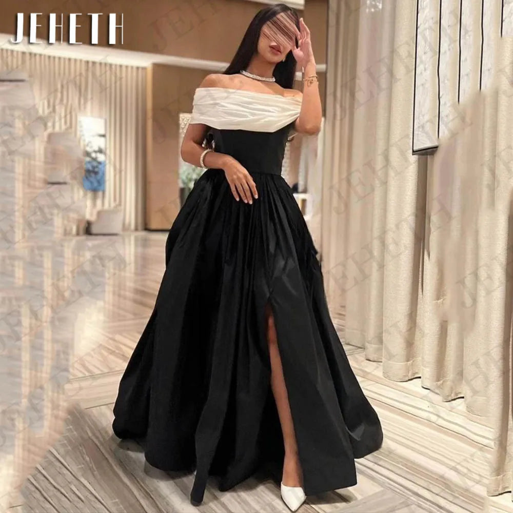 JEHETH Black Evening Dresses Woman Elegant Satin Split Prom Dress Off Shoulder A Line Formal Event Gowns Customized فساتين سهرة