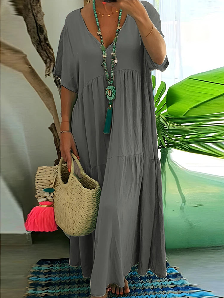 Plus Size 2025 Summer New V-neck Short Sleeve Pleated Solid Colour Loose Casual Midi Dress Basic Hem Pleated