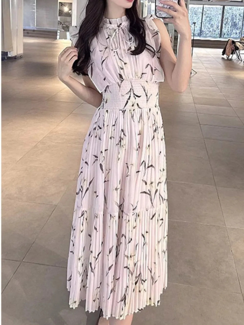 Kuzuwata Cute Stand Collar High Waist Print Mujer Flying Sleeve Lace Up Pleated Ruched Dress Japan Slim Waist Elegant Femme Robe