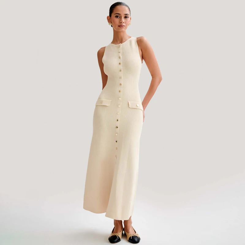 Fashion Knitted Long Dress For Women Elegant Sleeveless Button Maxi Sweater Bodycon Dresses Female Party Fashion Vestidos 2024 N