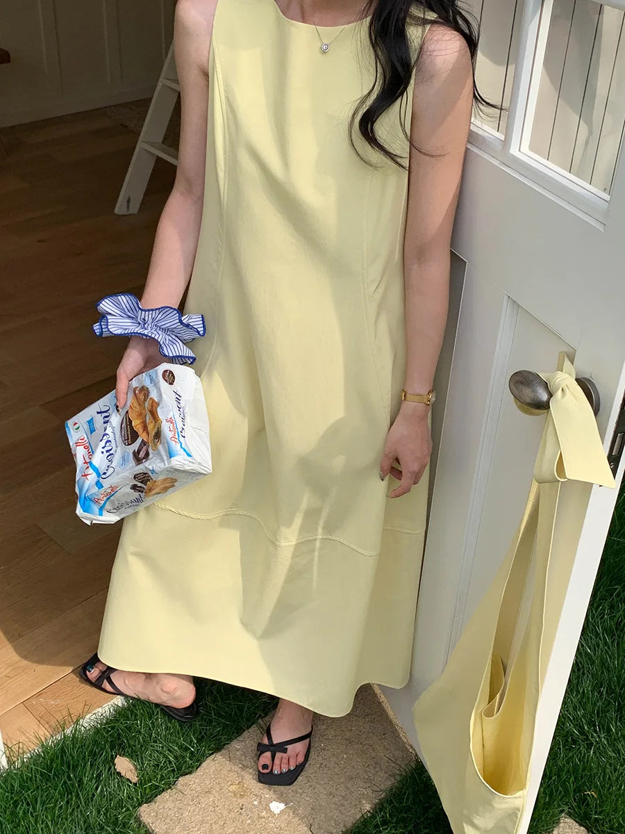 women's casual solid color simple round neck loose sleeveless vest dress