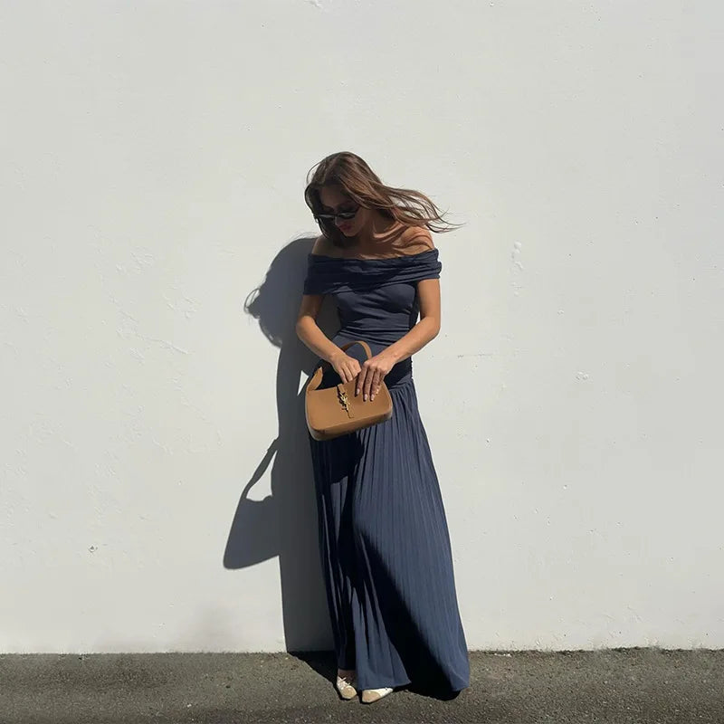 Sexy Elegant Women Slim Long Dresses Vintage Backless High Waist Pleated A Line Maxi Dress Summer Female Holiday Party Robe