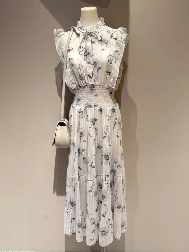 Kuzuwata Cute Stand Collar High Waist Print Mujer Flying Sleeve Lace Up Pleated Ruched Dress Japan Slim Waist Elegant Femme Robe