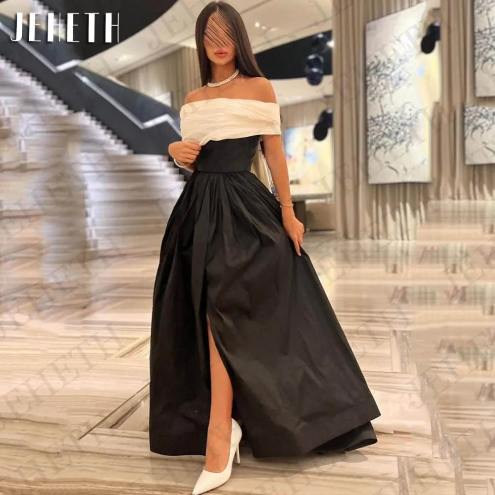 JEHETH Black Evening Dresses Woman Elegant Satin Split Prom Dress Off Shoulder A Line Formal Event Gowns Customized فساتين سهرة