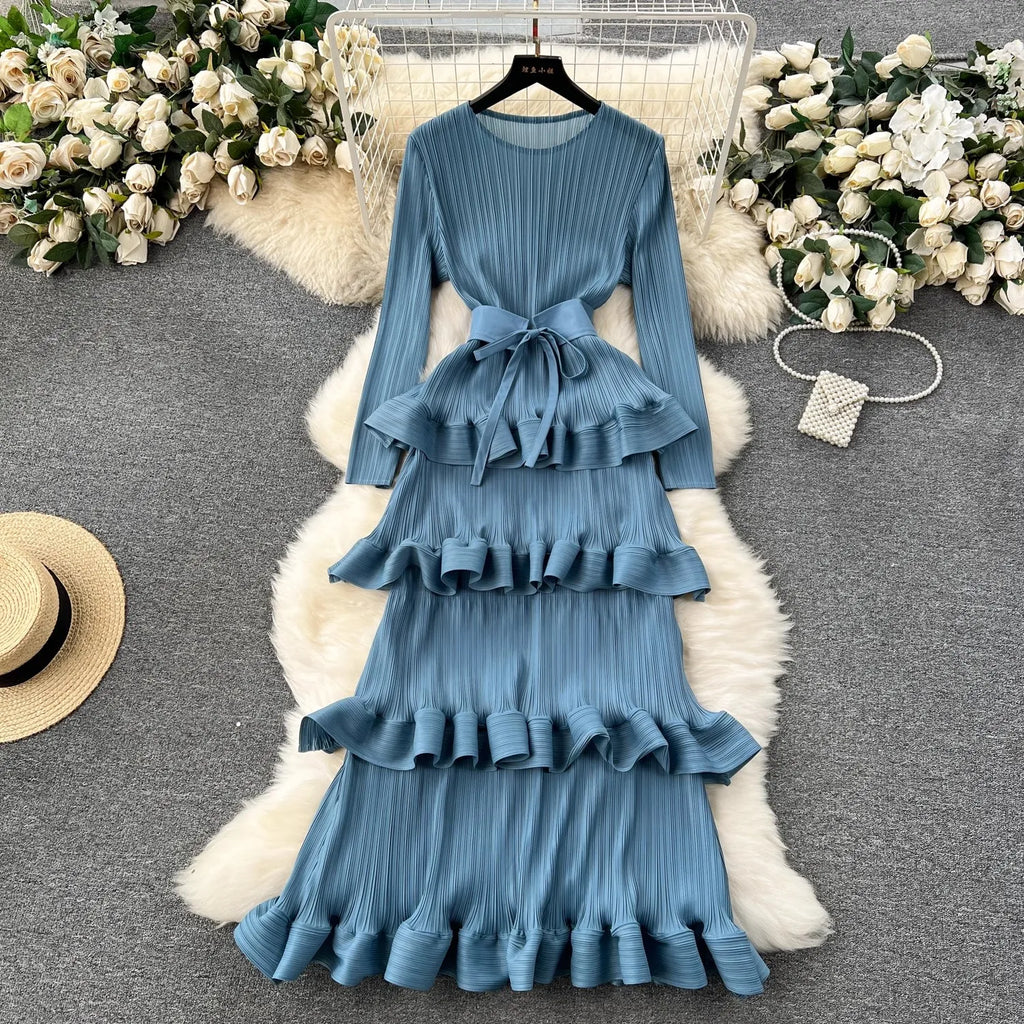 Miyake Multi-layer Cascading Pleated Dress Women O Neck Long Sleeve Solid Color Ruffles Cake Belt Dress Female Party Clothing