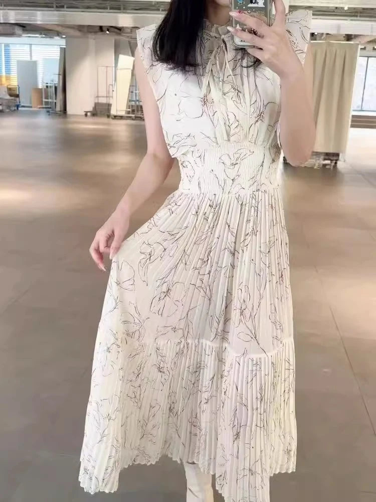 Kuzuwata Cute Stand Collar High Waist Print Mujer Flying Sleeve Lace Up Pleated Ruched Dress Japan Slim Waist Elegant Femme Robe