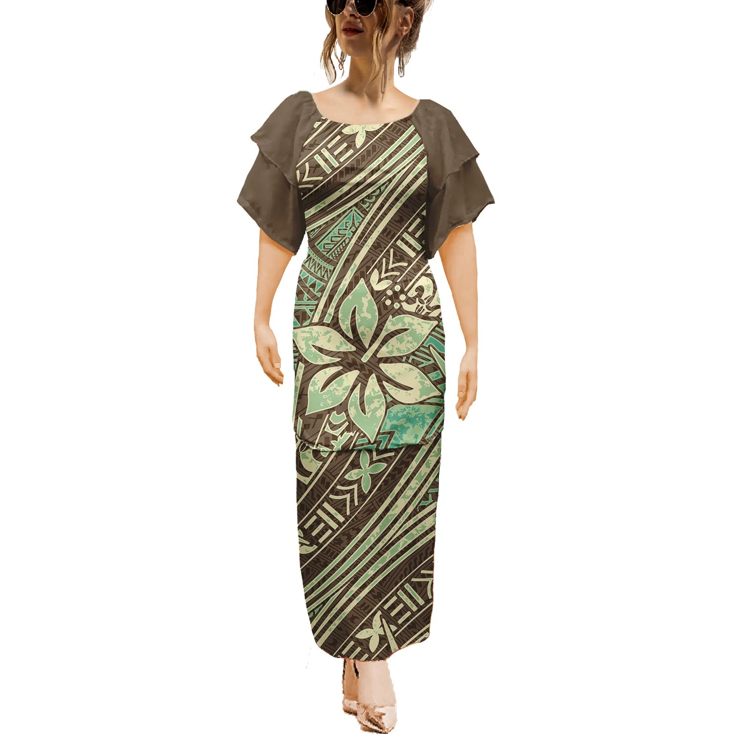 Island Maxi Dress Clothes Dresses Samoan Puletasi Crewneck Casual 2pcs Polynesian Plus Size Short Sleeve Dress