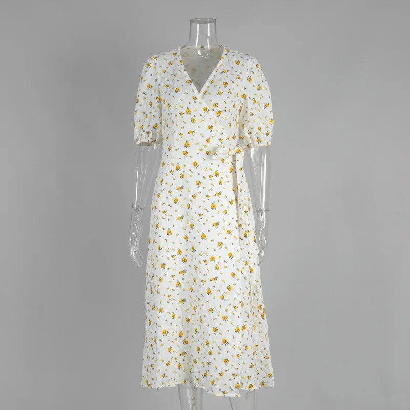 Talenza Casual Women's Summer Dress Elegant V Neck Floral Print A Line Midi Dress Side Slit Long Elegant White Dress Women 2025