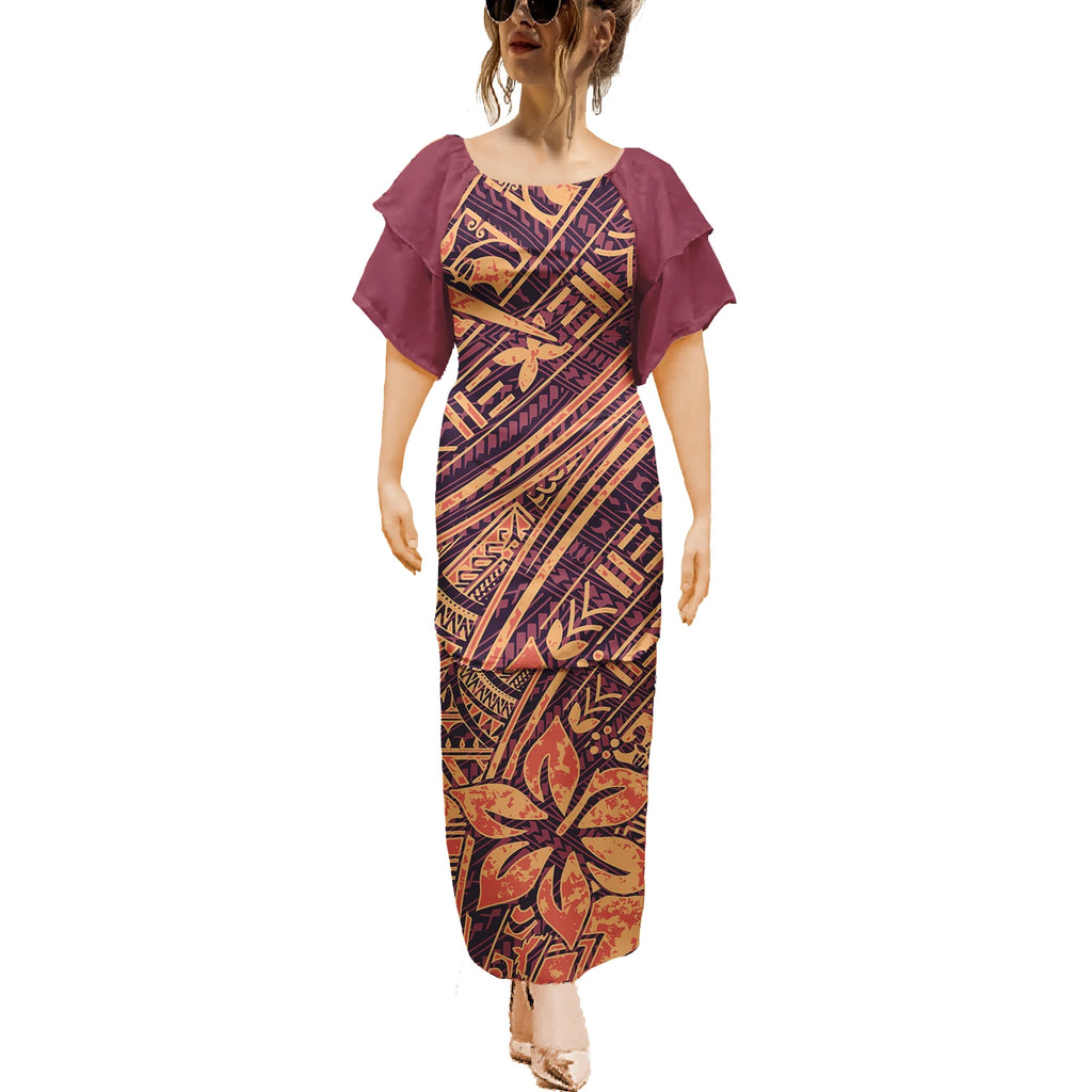 Island Maxi Dress Clothes Dresses Samoan Puletasi Crewneck Casual 2pcs Polynesian Plus Size Short Sleeve Dress