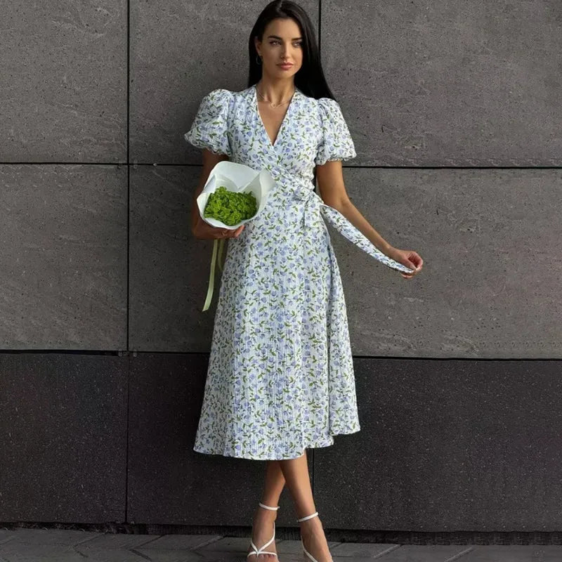 Talenza Casual Women's Summer Dress Elegant V Neck Floral Print A Line Midi Dress Side Slit Long Elegant White Dress Women 2025