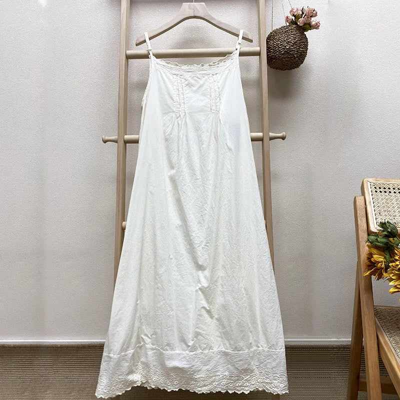 Johnature 2024 Summer New Japanese Casual Spaghetti Strap Thin All Match Dress For Women Solid Color Cotton Female Dresses