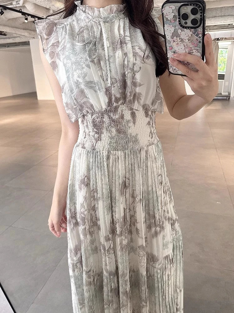 Kuzuwata Cute Stand Collar High Waist Print Mujer Flying Sleeve Lace Up Pleated Ruched Dress Japan Slim Waist Elegant Femme Robe