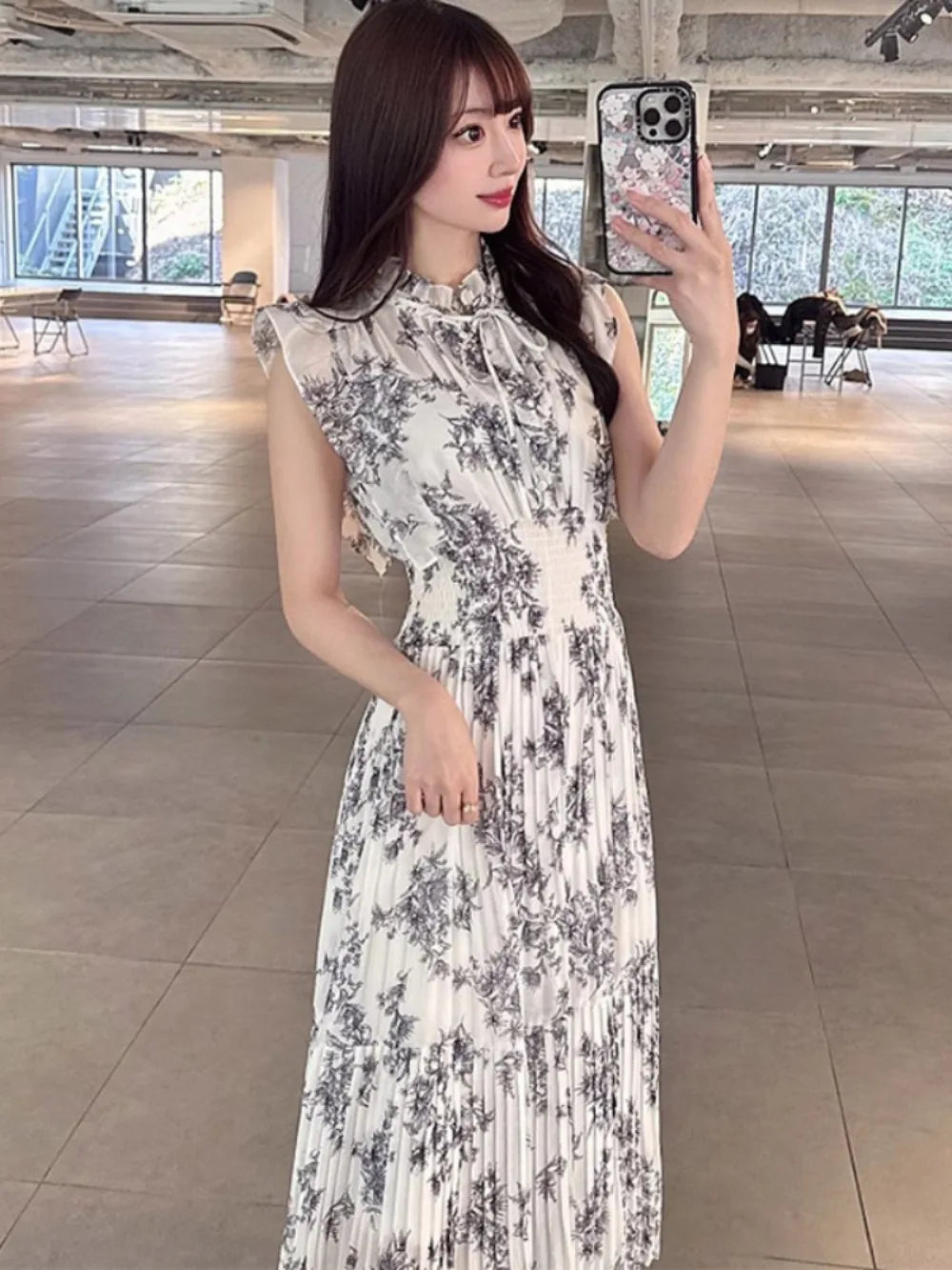 Kuzuwata Cute Stand Collar High Waist Print Mujer Flying Sleeve Lace Up Pleated Ruched Dress Japan Slim Waist Elegant Femme Robe