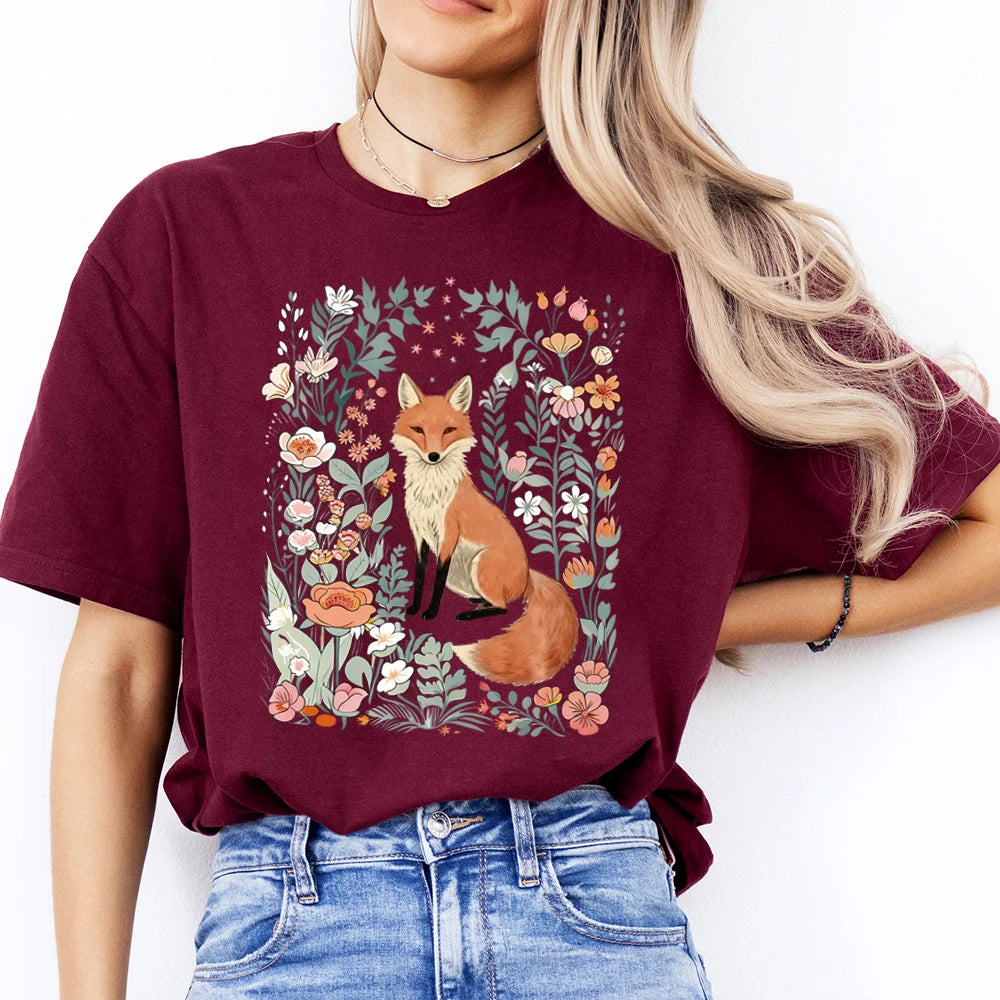 Woodland Lover Gift for Her Cute Flower Fox Shirt Vintage Floral Cottagecore Unisex Tee Funny Apparel Trendy Casual Streetwear