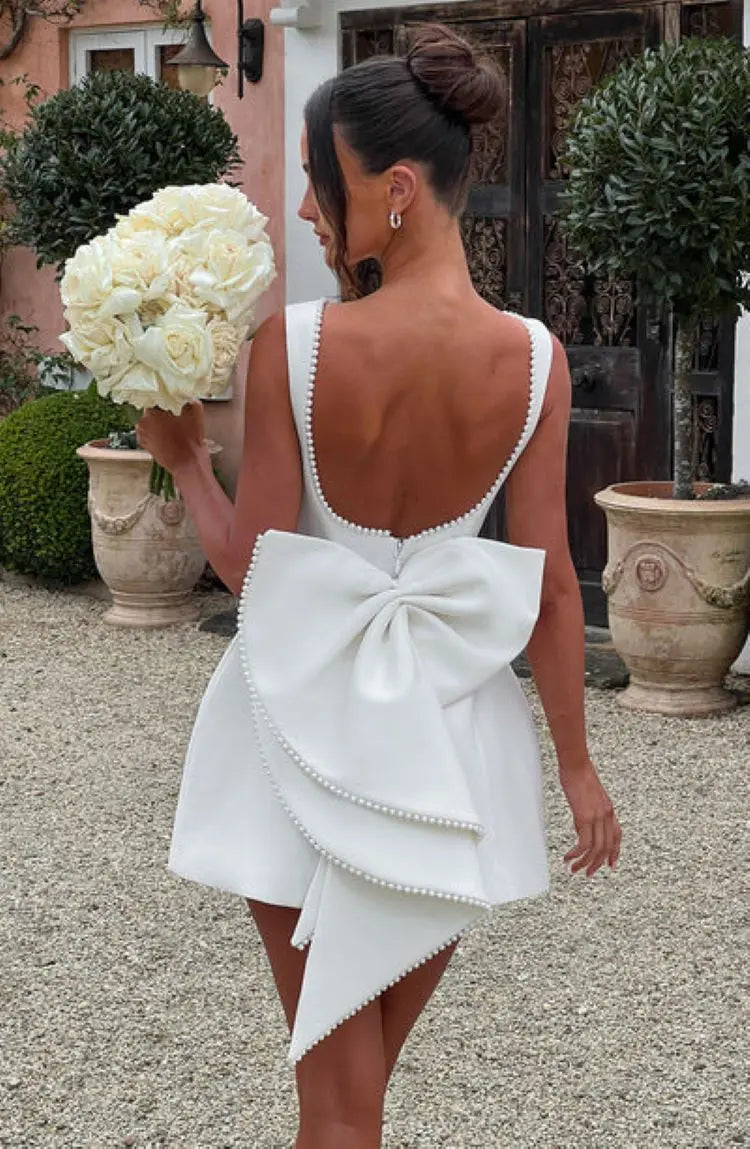 Elegant Pearl Bow Backless Sexy Mini Dress Women's Luxury Party Short Dresses White Black Pink Birthday Evening Wedding Summer