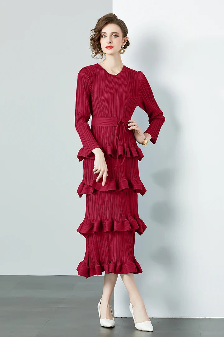 Miyake Multi-layer Cascading Pleated Dress Women O Neck Long Sleeve Solid Color Ruffles Cake Belt Dress Female Party Clothing