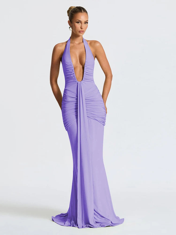 Fantoye Sexy Deep V-neck Pleated Ribbon Women Mermaid Dress White Backless Evening Dress Summer Slim Elegant Party Club Outfits