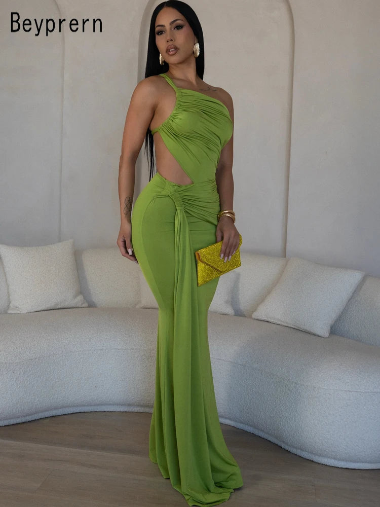 Beyprern Women's Cut-Out Ruched Maxi Dress Fashion Backless Long Straps Fitted Party Club Dresses Female Vestidos Night Clubwear