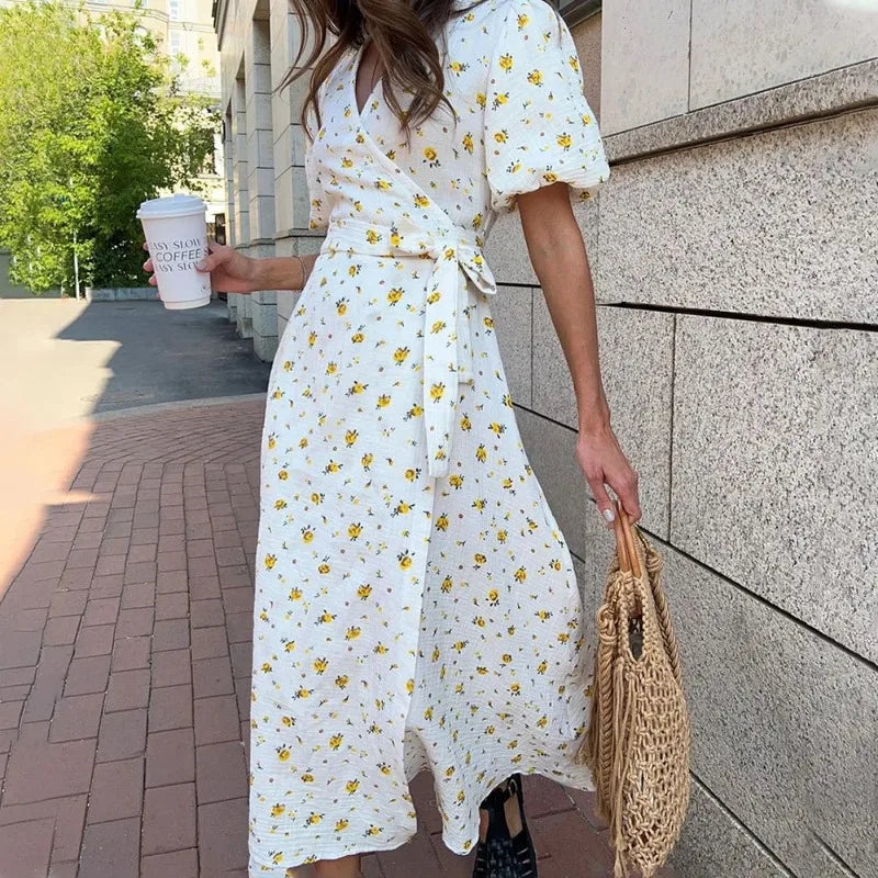 Talenza Casual Women's Summer Dress Elegant V Neck Floral Print A Line Midi Dress Side Slit Long Elegant White Dress Women 2025