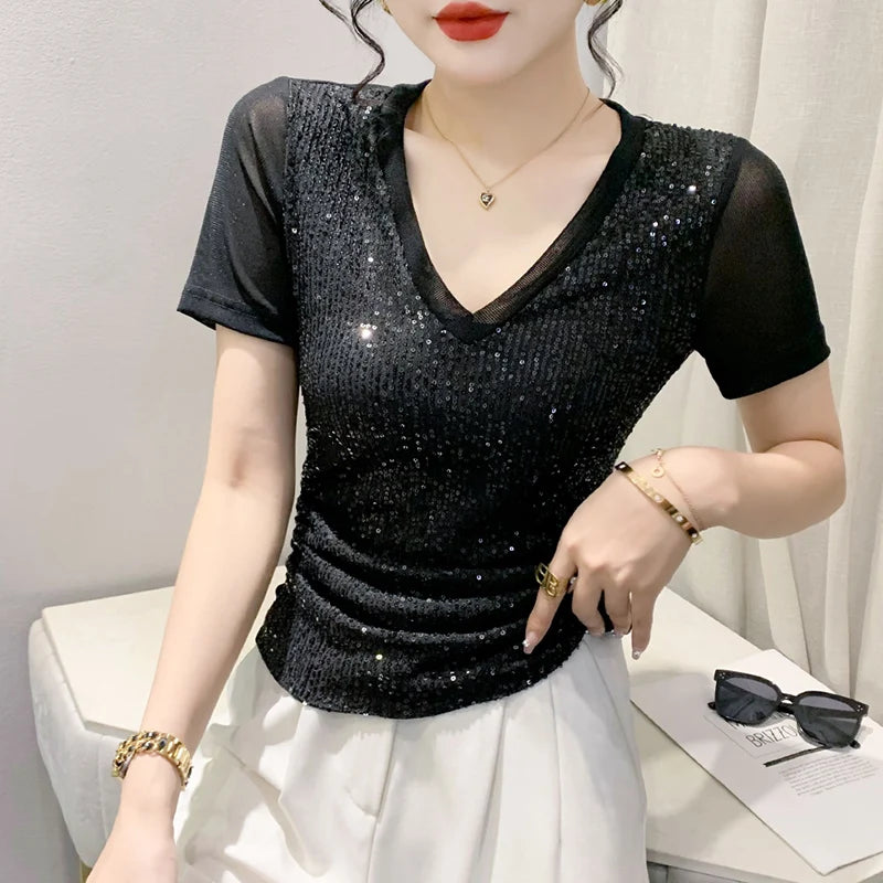 Sexy V-Ne T-irt Women's ort Sve Slim Fit Me Splice Sequin Top Faionable Summer Wear Commute Sle Korean Version