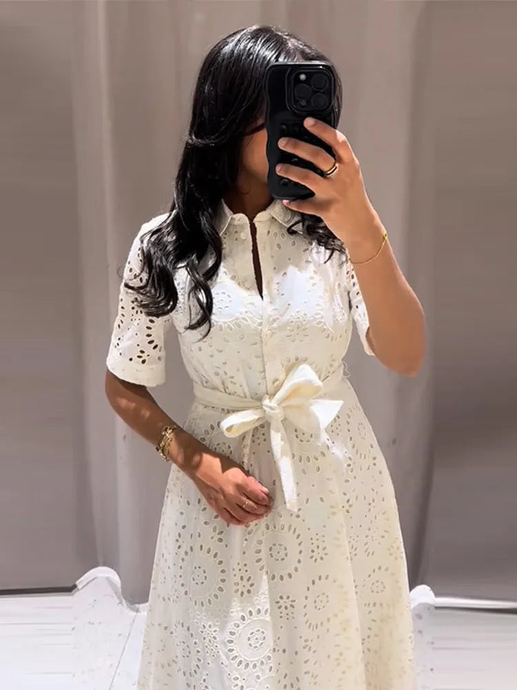 Embroidery Hollow Out Belt Long Dresses Women Vintage Lapel Half Sleeve Single Breasted Slim Dress Elegant Office Lady Partywear