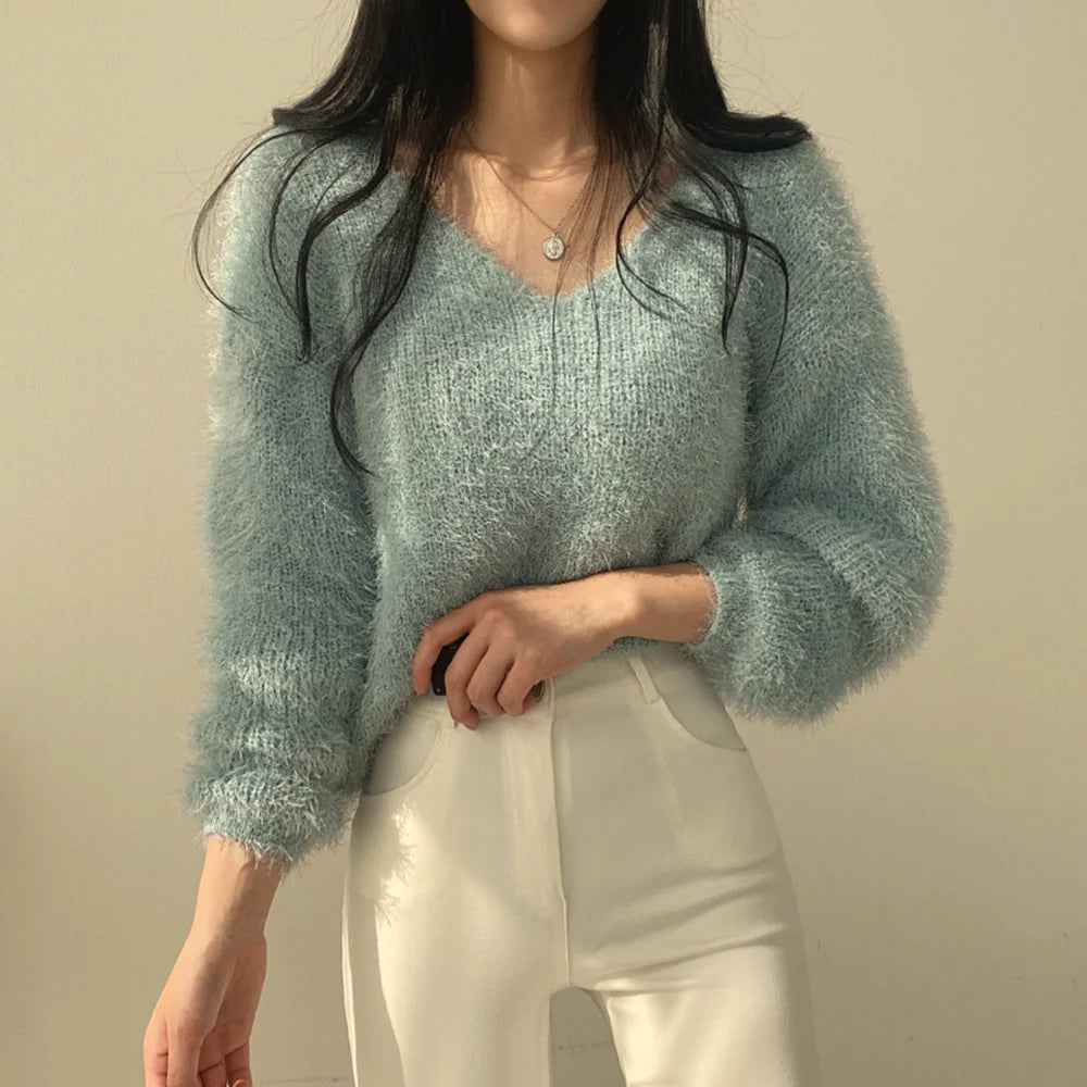 Women's Soft Cozy V-Ne Sweater Autumn Winter Faion Sweet Loose Fit Knitted Top Pink Color Trendy Ladies Sle Long Sve