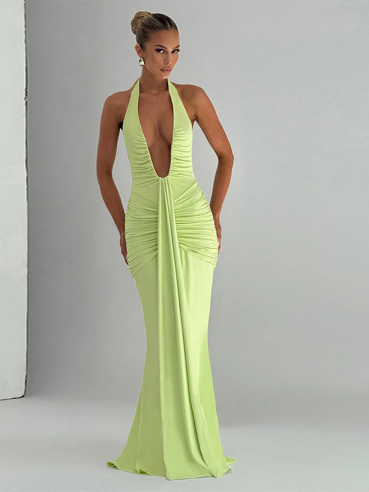 Fantoye Sexy Deep V-neck Pleated Ribbon Women Mermaid Dress White Backless Evening Dress Summer Slim Elegant Party Club Outfits