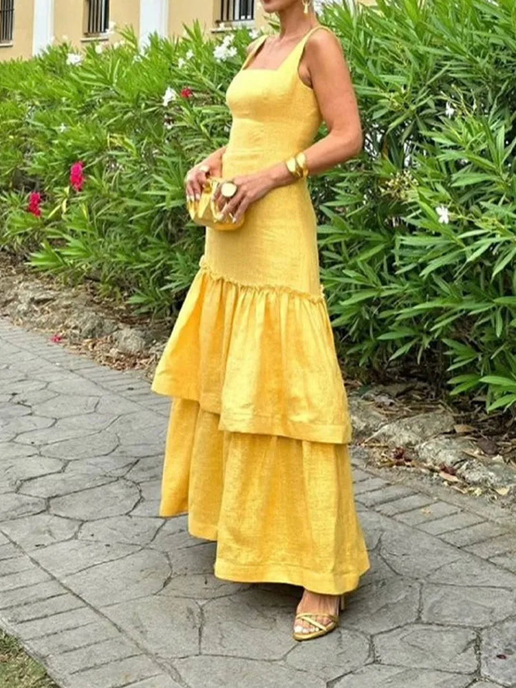 Elegant Ruffles Shiny Dress Women Square Neck A Line Solid Sleeveless Robe Female 2024 Summer Fashion Party Evening Dresses Lady