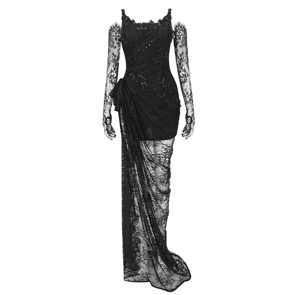 VC Black Lace Maxi Dress Women Sexy Strapless Long Sleeve Gloves Design High Split Party Dresses Gowns
