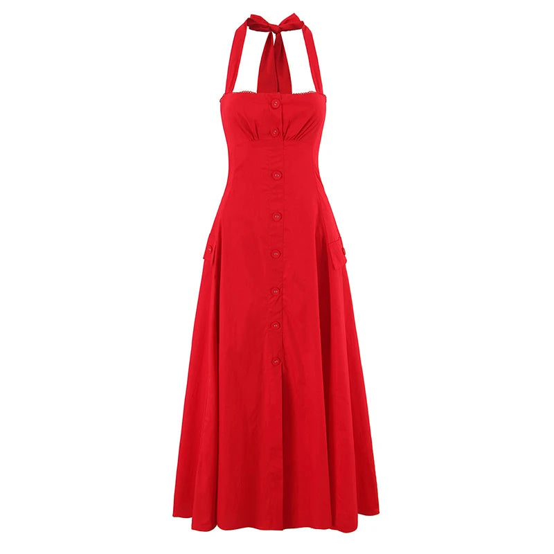 YENKYE Elegant Halter A-line Midi Long Floral Print Dress Women Cotton Holiday Summer Sexy Backless Dresses Party Robe 2025