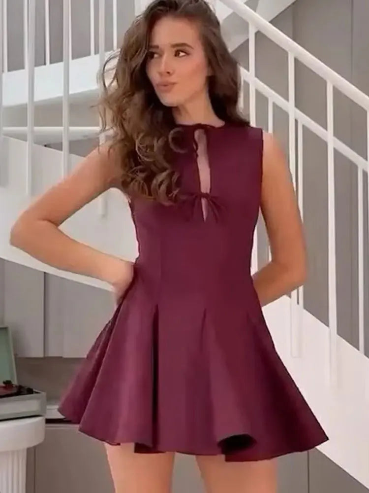 HH Female Elegant Mini Dresses For 2025 Spring Round Neck Wavy Wide Hem Bow Decorated Sleeveless Solid Vintage Trendy Dress