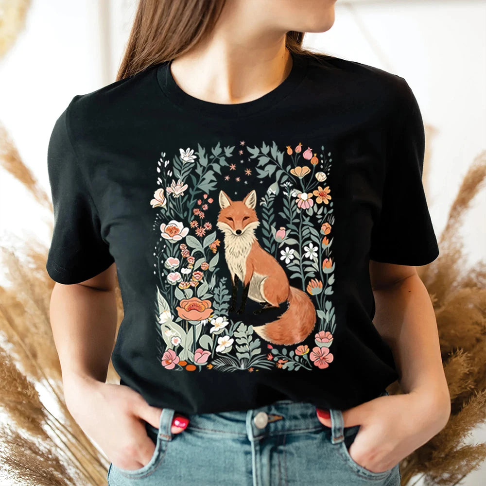 Woodland Lover Gift for Her Cute Flower Fox Shirt Vintage Floral Cottagecore Unisex Tee Funny Apparel Trendy Casual Streetwear