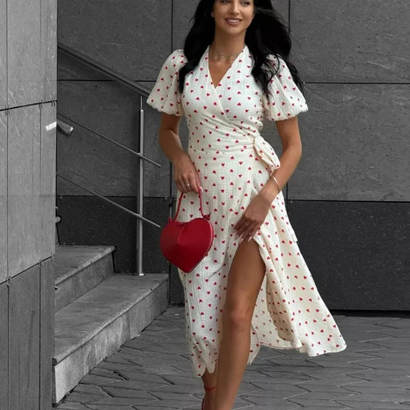 Talenza Casual Women's Summer Dress Elegant V Neck Floral Print A Line Midi Dress Side Slit Long Elegant White Dress Women 2025