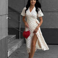 Talenza Casual Women's Summer Dress Elegant V Neck Floral Print A Line Midi Dress Side Slit Long Elegant White Dress Women 2025