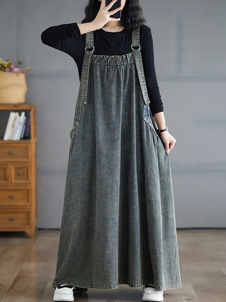 SHENGPALAE Denim Dress Women Square Collar Sleeveless Spliced Pockets Vintage Style New 2024 Fashion Female Long Dresses 5C1730