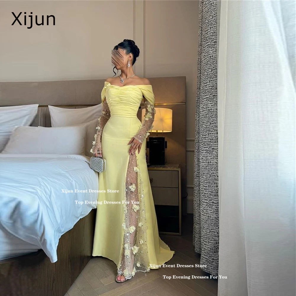 Xijun Yellow Luxury Mermaid Evening Dresses Saudi Arabric Flowers Beading Prom Dress  Off The Shoulder Long Prom Gown Customized
