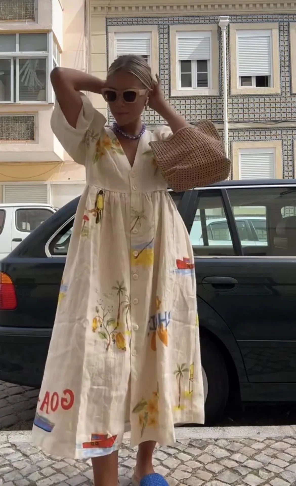 Summer Fashion Cartoon Print V-neck Midi Dress Women Casual Loose Short Puff Sleeve Dresses 2024 Chic Female Holiday Beach Robes