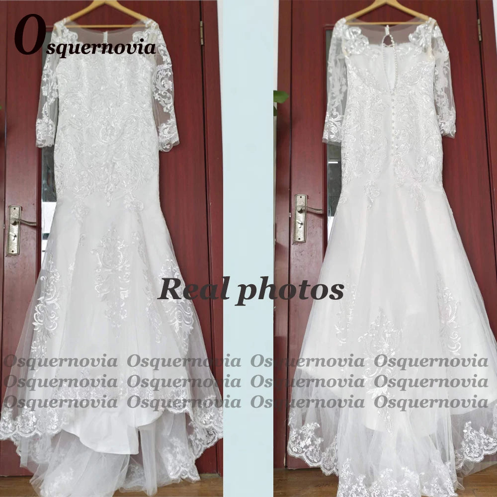 Osquernovia Elegant Mermaid Wedding Dress Full Sleeves Sweetheart Button Vestidos De Novia Lace Tulle Appliques Robe De Mariee
