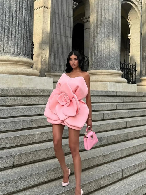 Cute Pink Floral Mini Dress Handmade Tiered Flower Unique Formal Party Dresses Event Gala Gown Party Night Dress Birthday Dress
