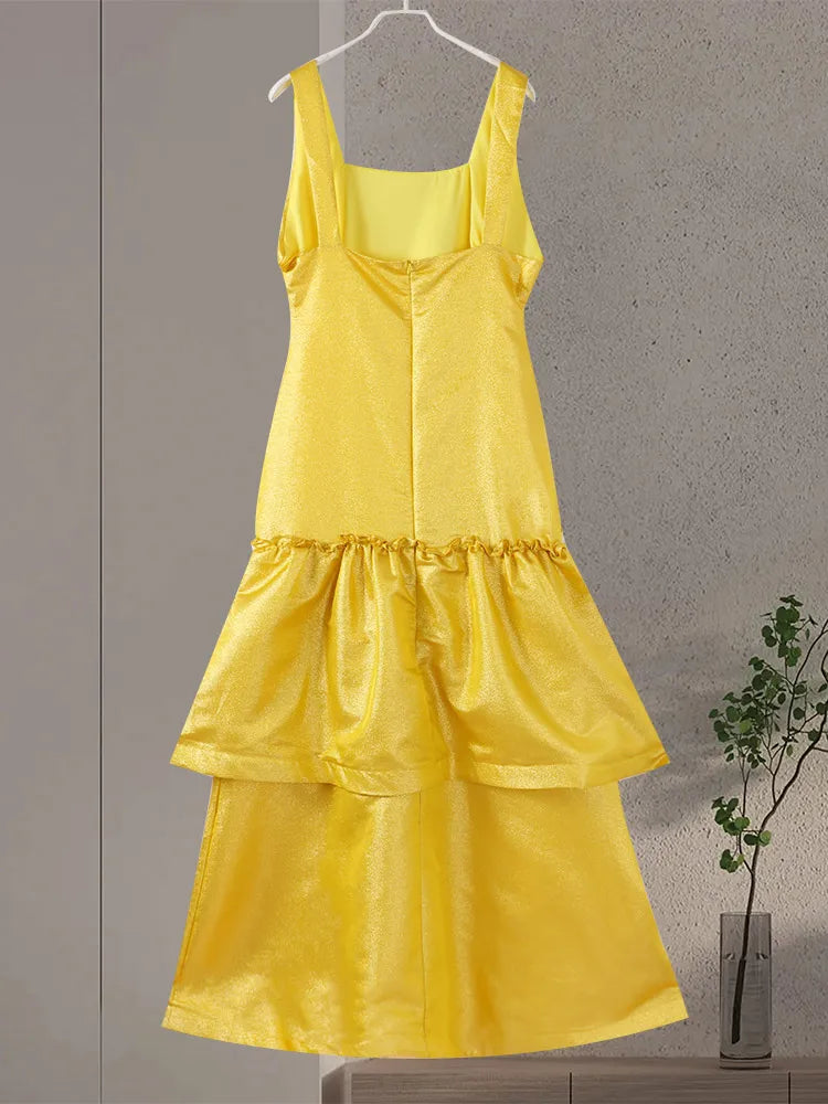 Elegant Ruffles Shiny Dress Women Square Neck A Line Solid Sleeveless Robe Female 2024 Summer Fashion Party Evening Dresses Lady