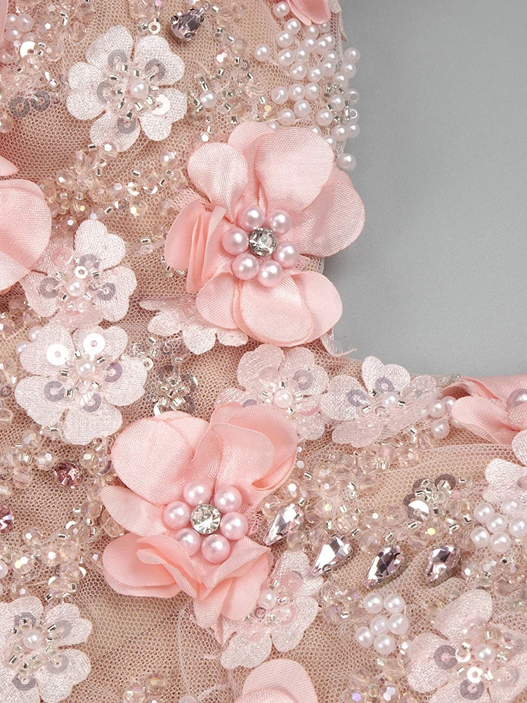 VC Pink Beaded Spaghetti Strap Long Dress Pearls Sequins Structured Flowers High Split Sheer Mesh Trendy Celebrity Party vestido