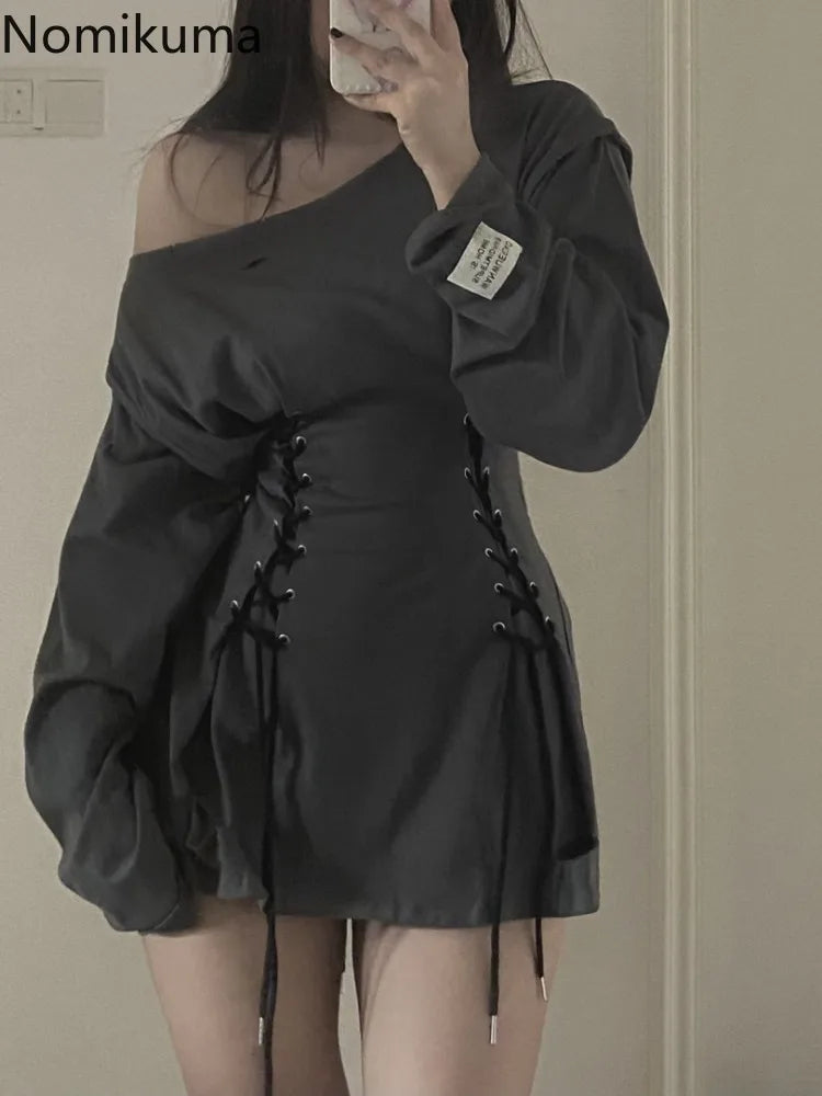 Oversized Woman Dress Slim Waist Bandage Robe Vestido Femme Long Sleeve A-line Off Shoulder Mini Dresses 2025 Vestidos De Mujer