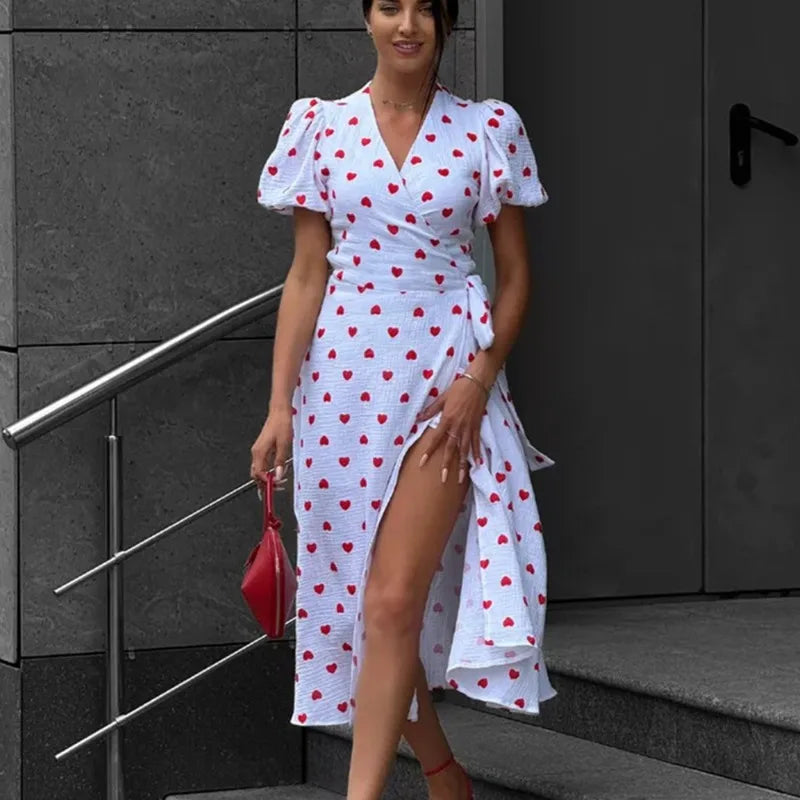 Talenza Casual Women's Summer Dress Elegant V Neck Floral Print A Line Midi Dress Side Slit Long Elegant White Dress Women 2025