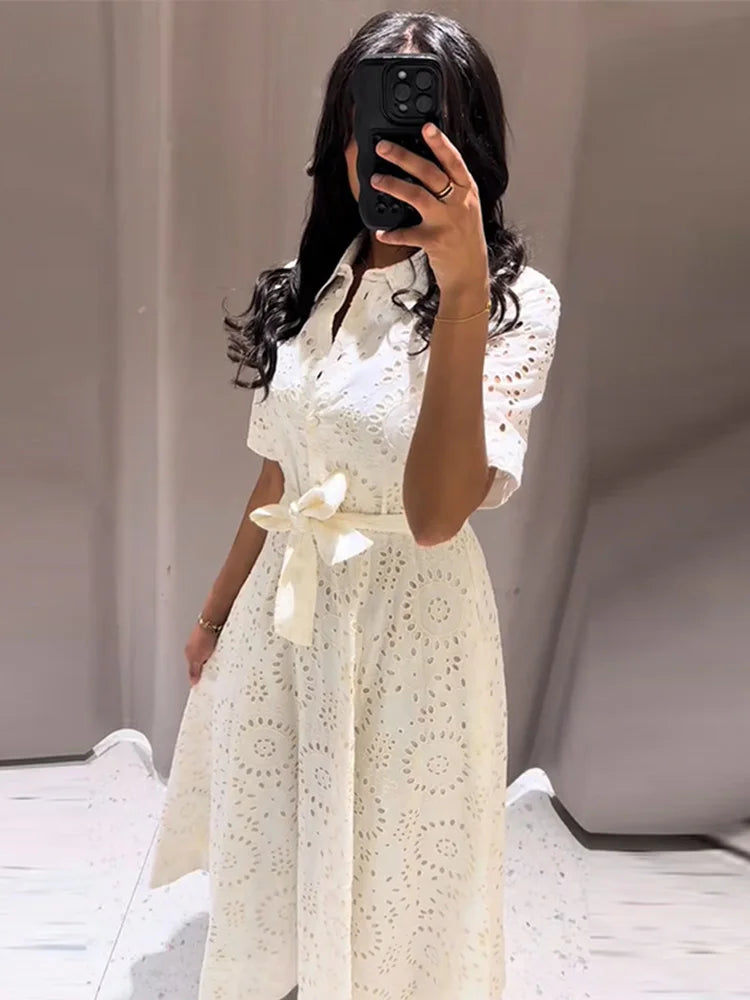 Embroidery Hollow Out Belt Long Dresses Women Vintage Lapel Half Sleeve Single Breasted Slim Dress Elegant Office Lady Partywear