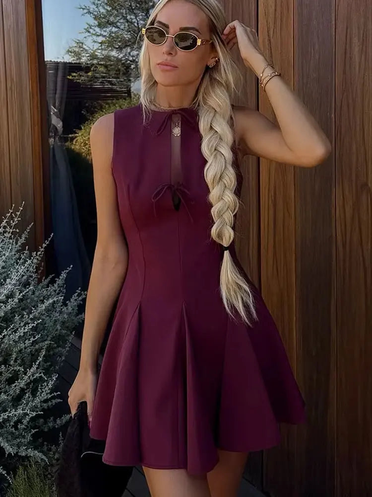HH Female Elegant Mini Dresses For 2025 Spring Round Neck Wavy Wide Hem Bow Decorated Sleeveless Solid Vintage Trendy Dress