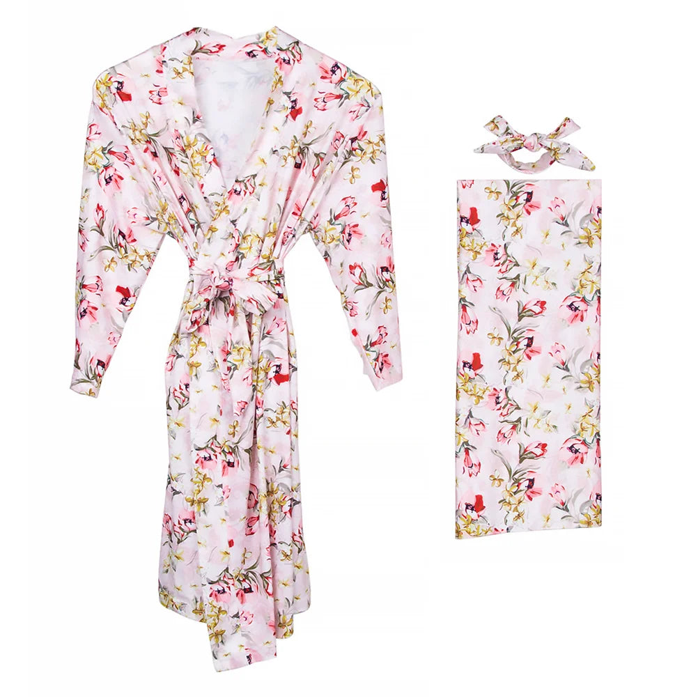 3 Pcs Maternity Parent Child Clothing Pregnancy Sleepwear Cotton Nursing Robe Baby Blanket Headband Set Fashion Print Loose Fit