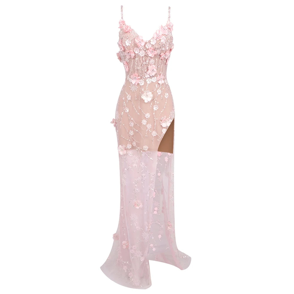 VC Pink Beaded Spaghetti Strap Long Dress Pearls Sequins Structured Flowers High Split Sheer Mesh Trendy Celebrity Party vestido