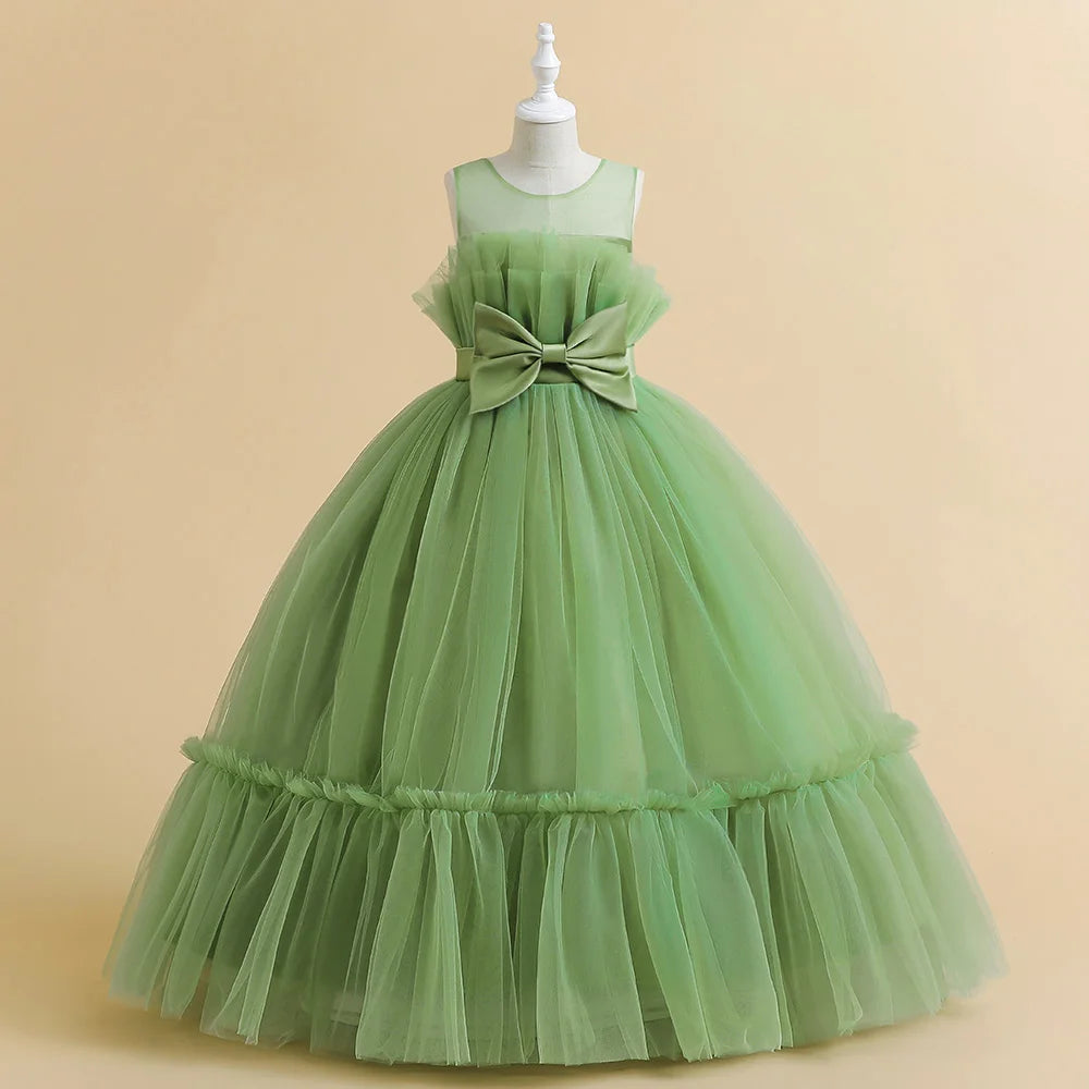 Fluffy White Girls Bridemaid Dress Christmas Bow Tulle Wedding Princess Kids Party Dresses for Girl Pageant First Communion Gown