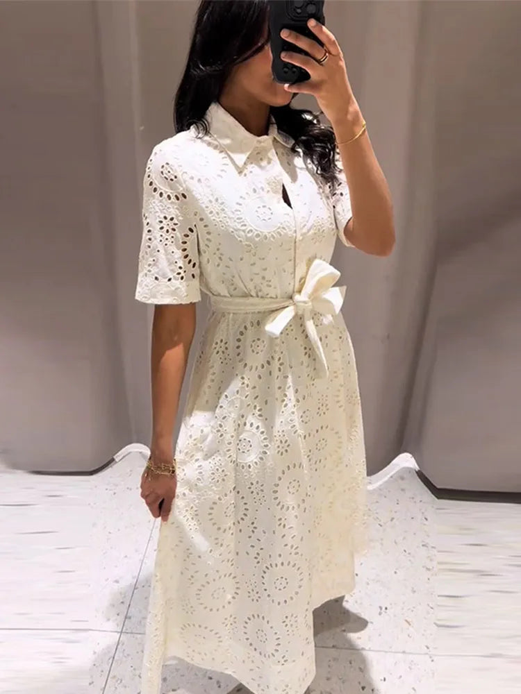 Embroidery Hollow Out Belt Long Dresses Women Vintage Lapel Half Sleeve Single Breasted Slim Dress Elegant Office Lady Partywear